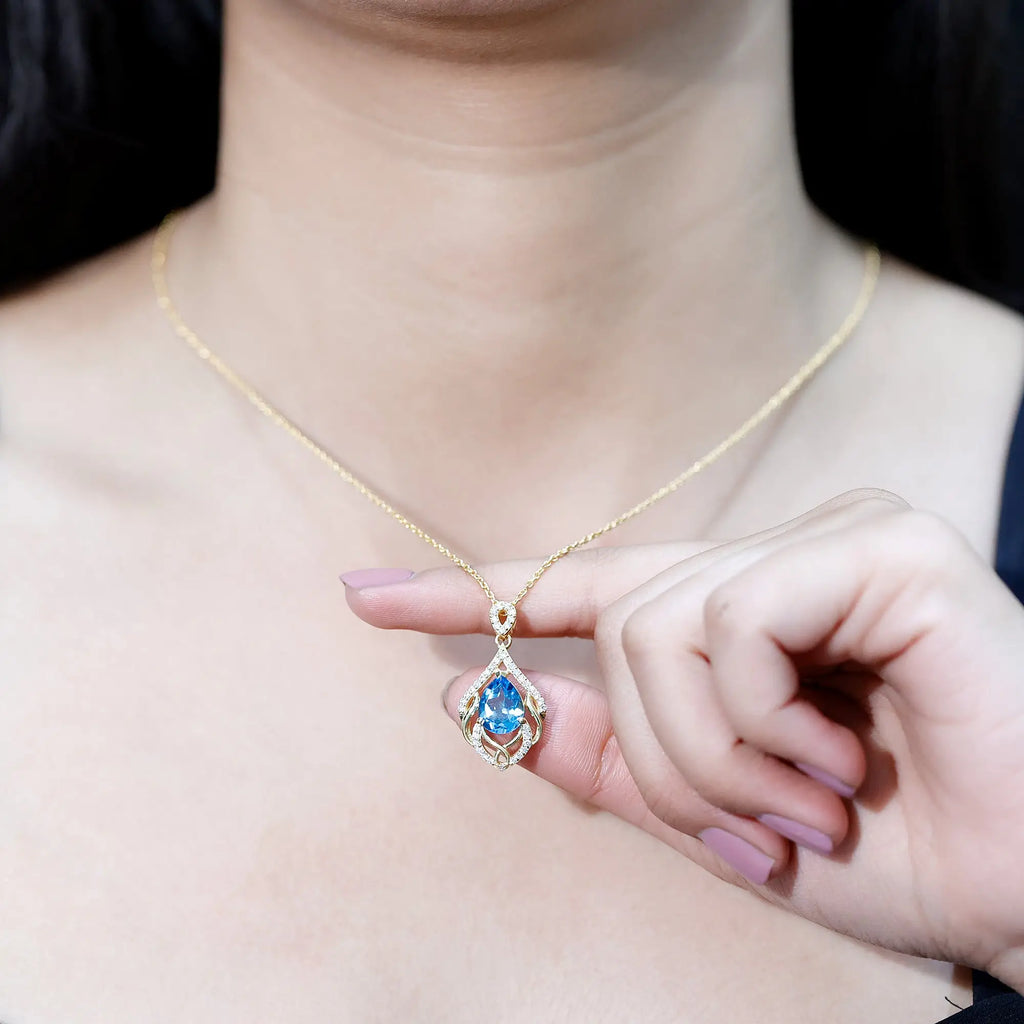 2.2 Carat Swiss Blue Topaz Designer Wedding Necklace with Lab Diamond