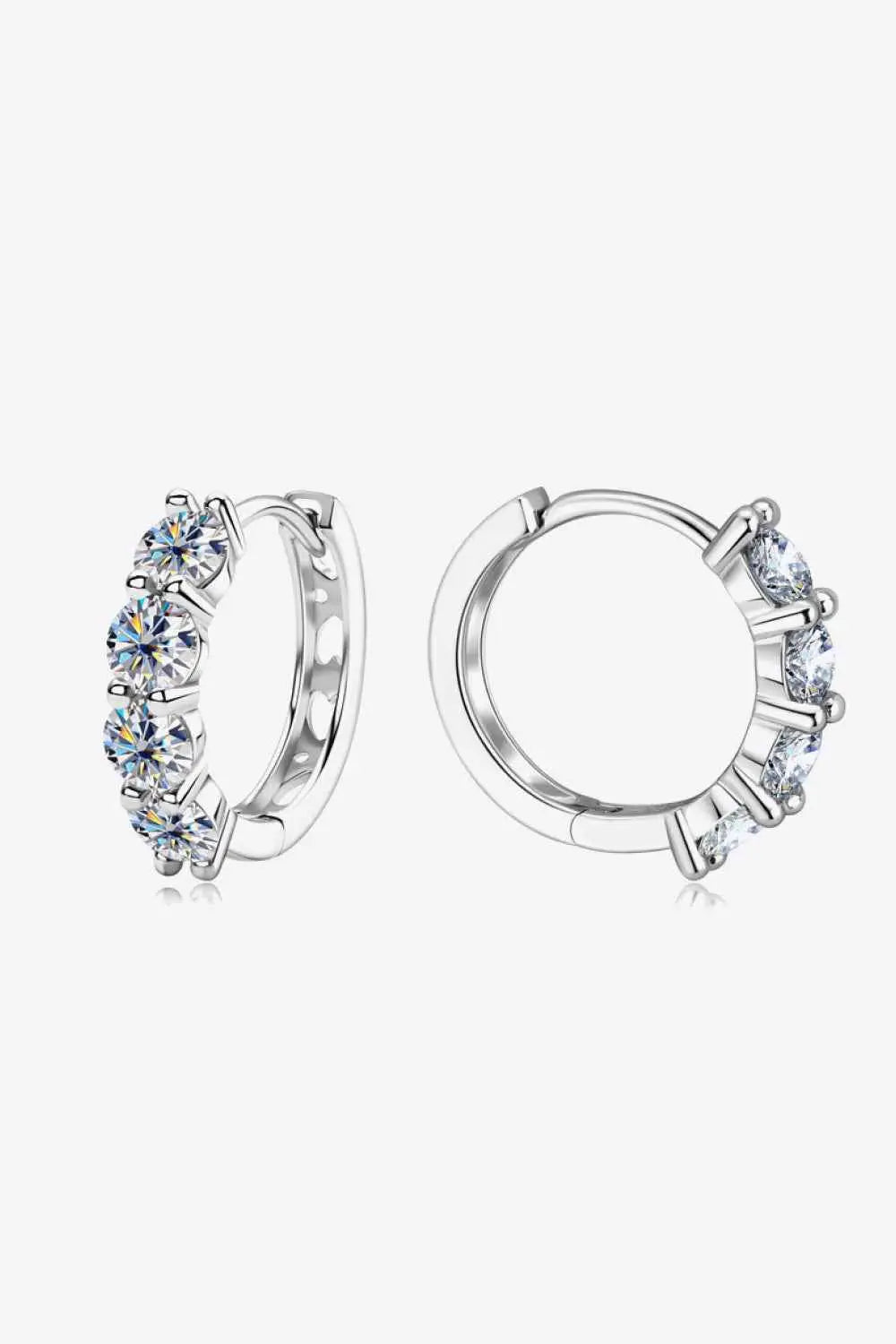 2.4 Carat Moissanite silver huggie earrings with five round brilliance cut stones each, minimalist polished design