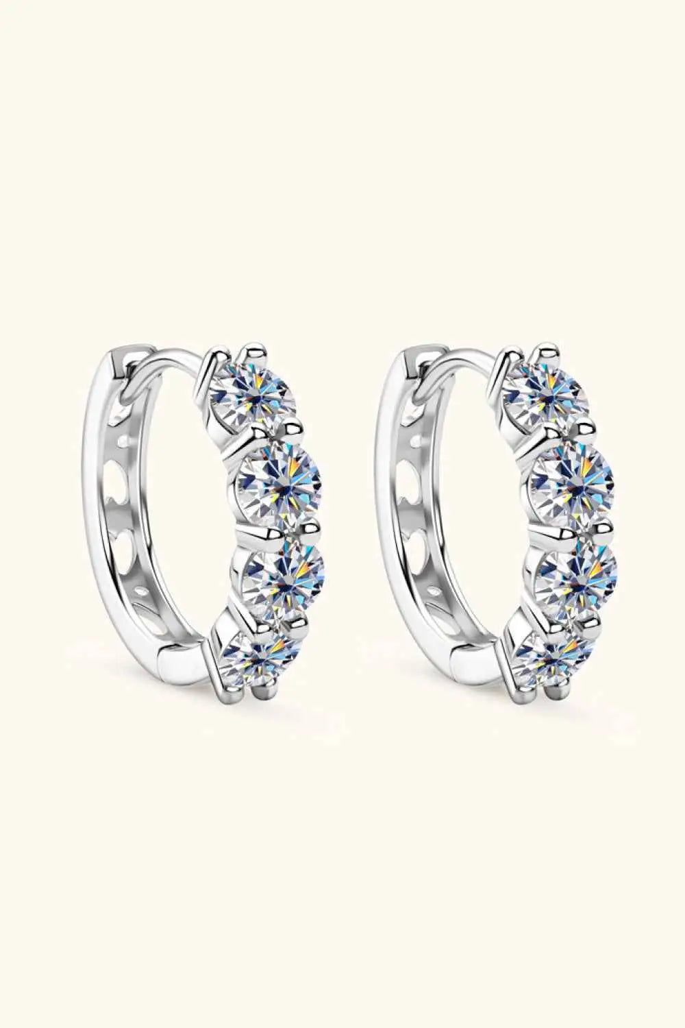 2.4 Carat Moissanite sterling silver huggie earrings with four round-cut sparkling stones each and a platinum finish