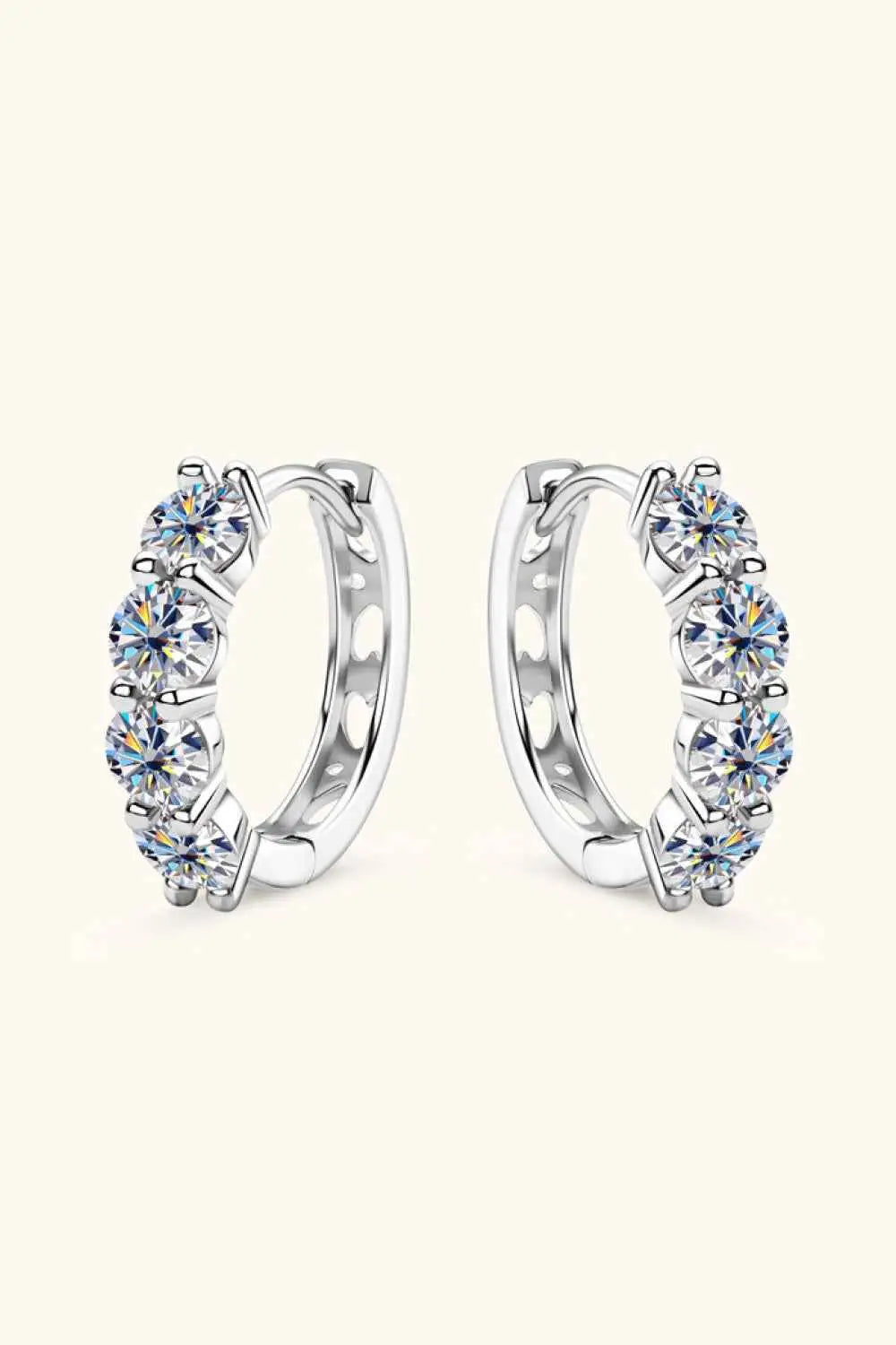 2.4 Carat Moissanite sterling silver minimalist huggie earrings with three round sparkling stones on each hoop