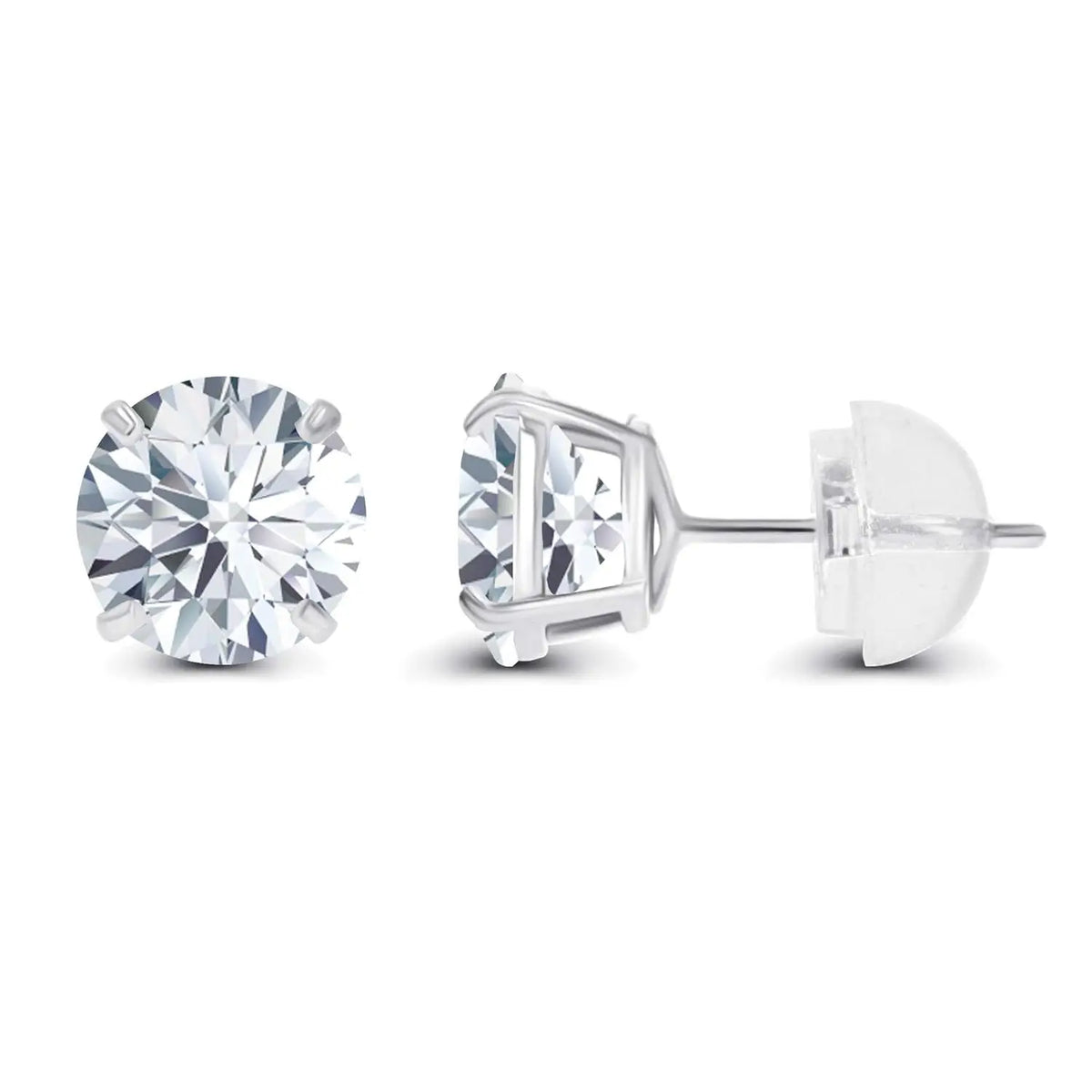 2.50 CTW Created Moissanite round brilliant cut stud earrings in 14K white gold with four-prong setting and push-back closure