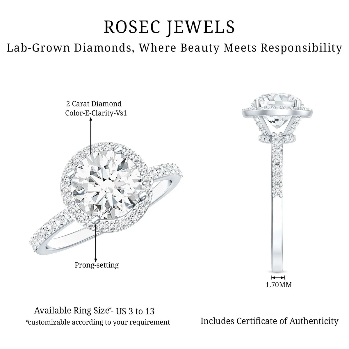 2 Carat Lab Grown Diamond Halo Engagement Ring with IGI Certificate