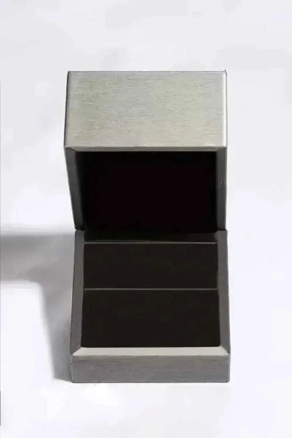 2 Carat Moissanite jewelry box in brushed silver finish with a black velvet interior for secure ring placement