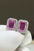 2 Carat Moissanite stud earrings with rectangular pink gemstones surrounded by small clear stones set in silver metal
