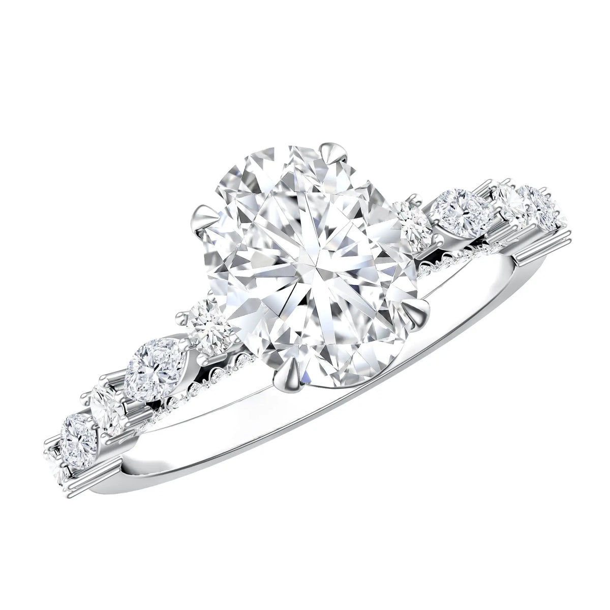 2 Carat Oval Diamond engagement ring with a large oval center stone and smaller marquise and round diamonds on a polished silver band