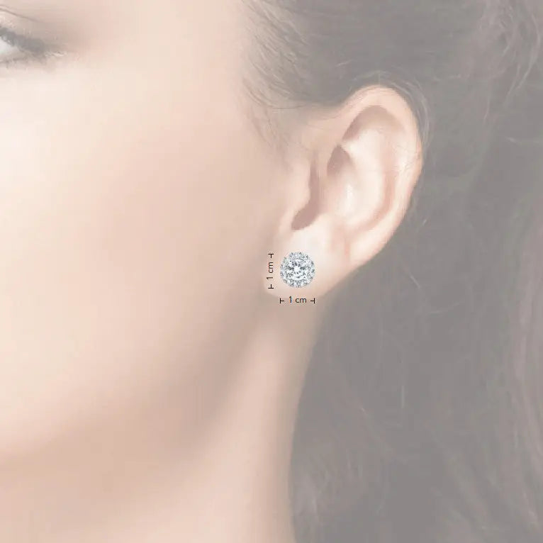 2 CTW AGI-certified lab grown diamond halo stud earrings in 14K white gold with round brilliant cut diamonds and push-back closure