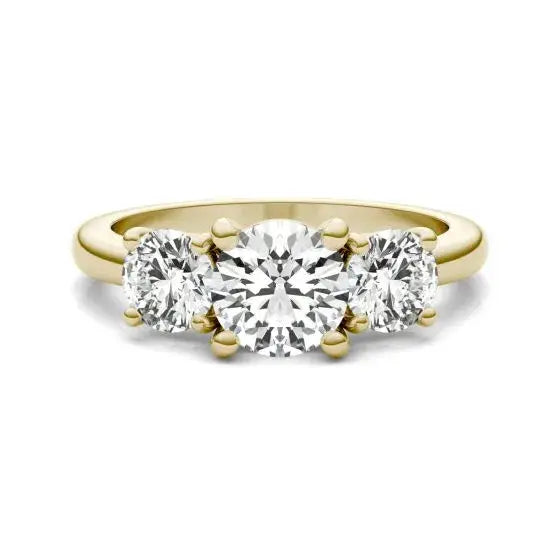 2 CTW AGI Certified three stone engagement ring with round-cut diamonds in 14K yellow gold setting