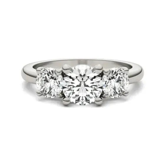 2 CTW AGI Certified three stone engagement ring with round-cut lab-grown diamonds set in polished 14k white gold band