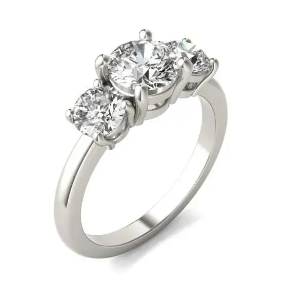2 CTW AGI Certified three-stone engagement ring in 14k white gold with a round center diamond and two side diamonds