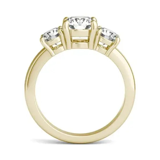 2 CTW AGI Certified three stone engagement ring with round cut diamonds set in 14k yellow gold band
