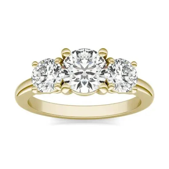 2 CTW AGI Certified three stone engagement ring with round brilliant lab-grown diamonds set in 14K yellow gold band