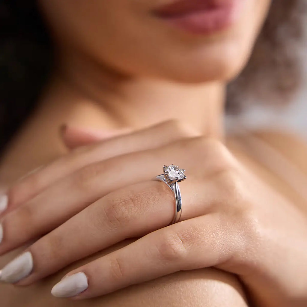2 CTW lab-grown diamond solitaire engagement ring in 14K white gold with six-prong setting on finger