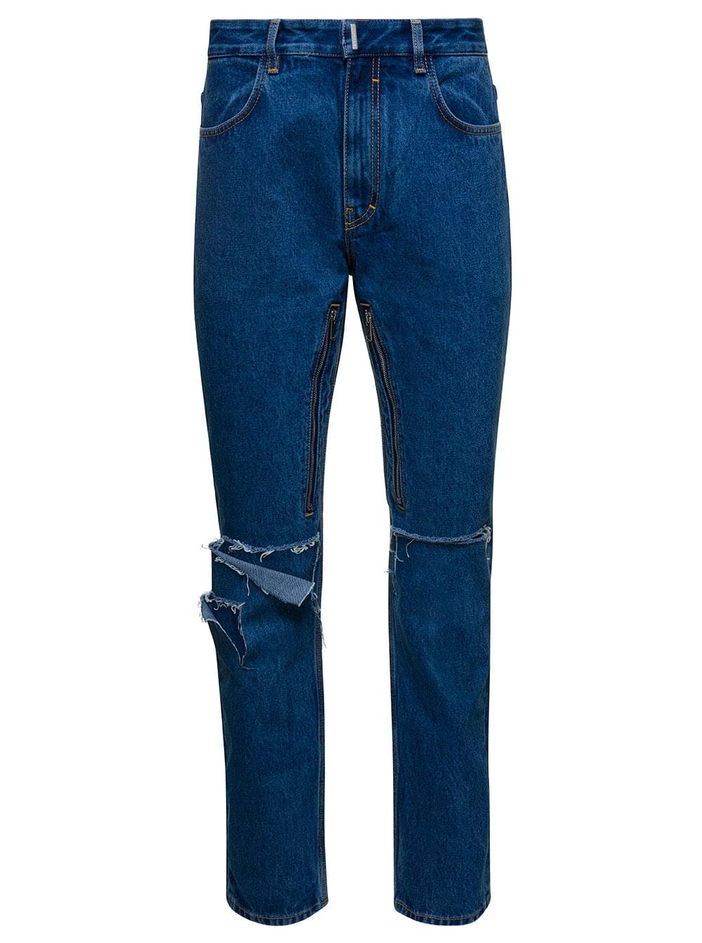 Givenchy Men Blue Jeans With Zip And Rips Details In Cotton Denim Man - Maven Couture IncBottoms / Pants