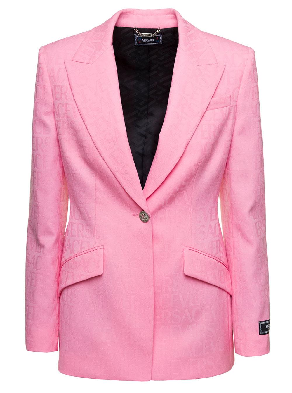 Versace Women Pink Single-Breasted Jacket With All-Over Tonal Logo Lettering Print In Wool Woman - Maven Couture IncOuterwear / Jackets