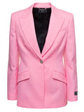 Versace Women Pink Single-Breasted Jacket With All-Over Tonal Logo Lettering Print In Wool Woman - Maven Couture IncOuterwear / Jackets