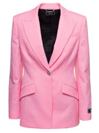 Versace Women Pink Single-Breasted Jacket With All-Over Tonal Logo Lettering Print In Wool Woman - Maven Couture IncOuterwear / Jackets