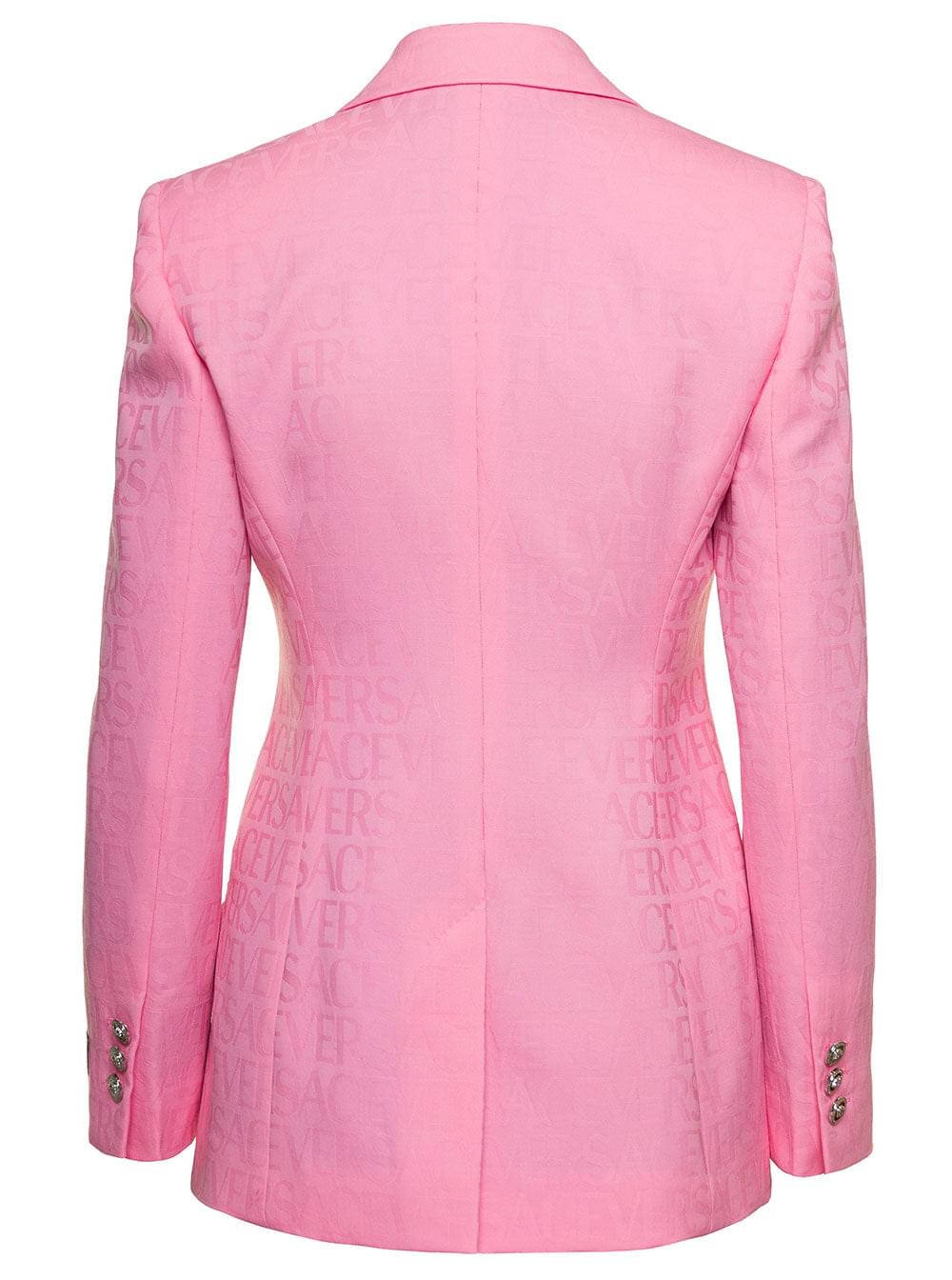 Versace Women Pink Single-Breasted Jacket With All-Over Tonal Logo Lettering Print In Wool Woman - Maven Couture IncOuterwear / Jackets