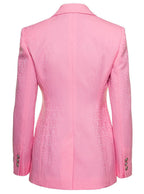 Versace Women Pink Single-Breasted Jacket With All-Over Tonal Logo Lettering Print In Wool Woman - Maven Couture IncOuterwear / Jackets