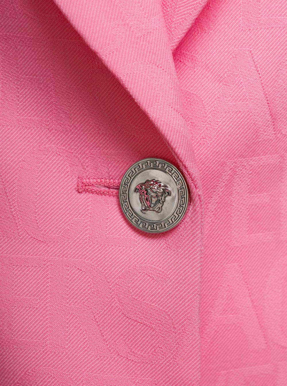 Versace Women Pink Single-Breasted Jacket With All-Over Tonal Logo Lettering Print In Wool Woman - Maven Couture IncOuterwear / Jackets