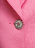 Versace Women Pink Single-Breasted Jacket With All-Over Tonal Logo Lettering Print In Wool Woman - Maven Couture IncOuterwear / Jackets