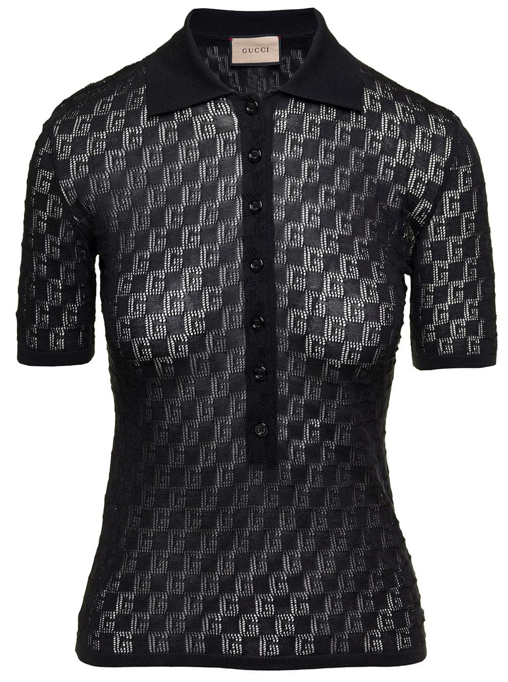 Gucci Women Black Polo Shirt With Button Closure And Gg Motif In Cotton And Silk Blend Woman - Maven Couture IncTops / Tee Shirts