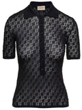 Gucci Women Black Polo Shirt With Button Closure And Gg Motif In Cotton And Silk Blend Woman - Maven Couture IncTops / Tee Shirts