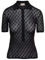 Gucci Women Black Polo Shirt With Button Closure And Gg Motif In Cotton And Silk Blend Woman - Maven Couture IncTops / Tee Shirts