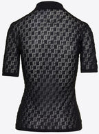 Gucci Women Black Polo Shirt With Button Closure And Gg Motif In Cotton And Silk Blend Woman - Maven Couture IncTops / Tee Shirts