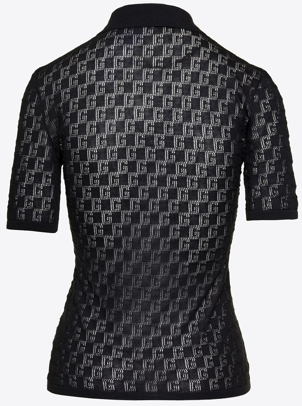 Gucci Women Black Polo Shirt With Button Closure And Gg Motif In Cotton And Silk Blend Woman - Maven Couture IncTops / Tee Shirts