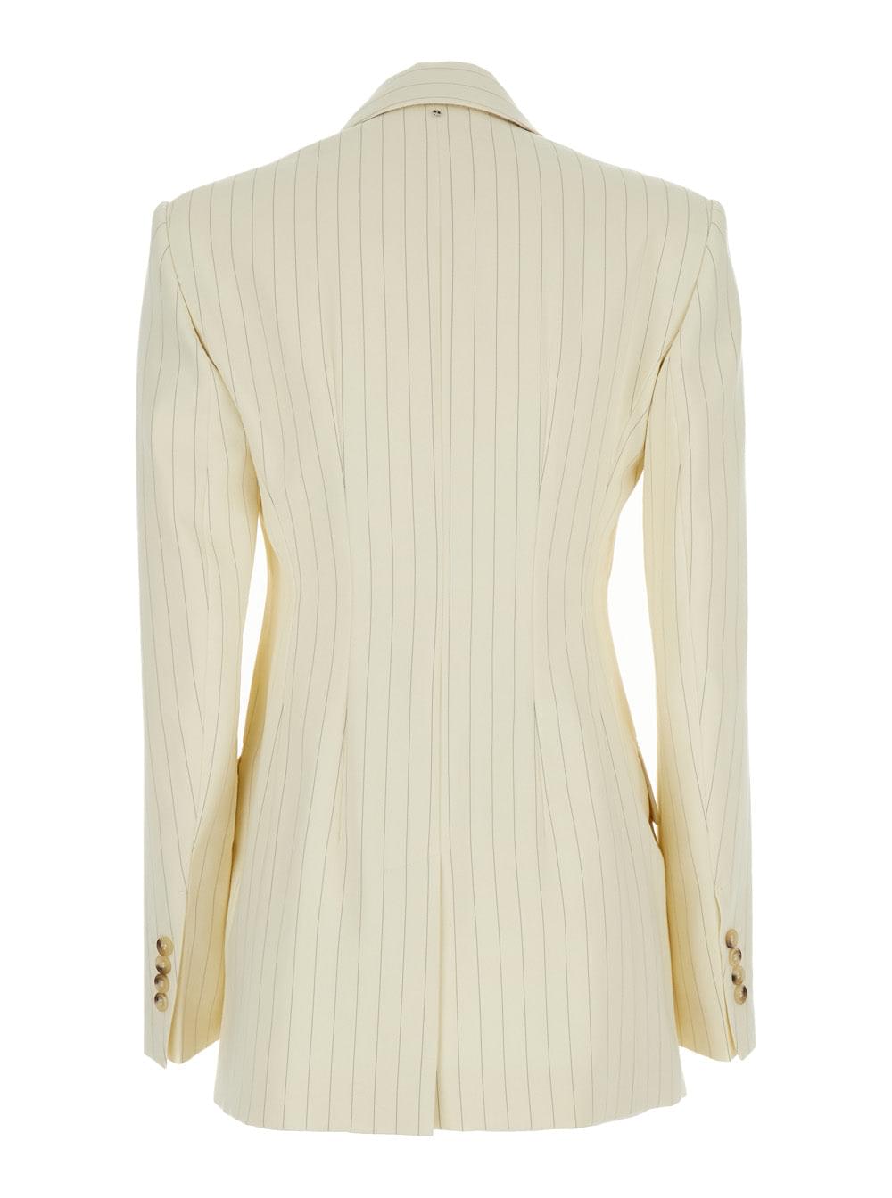 Sportmax Women Cream White Aversa Single-Breasted Striped Blazer In Ramie Woman - Maven Couture IncOuterwear / Jackets