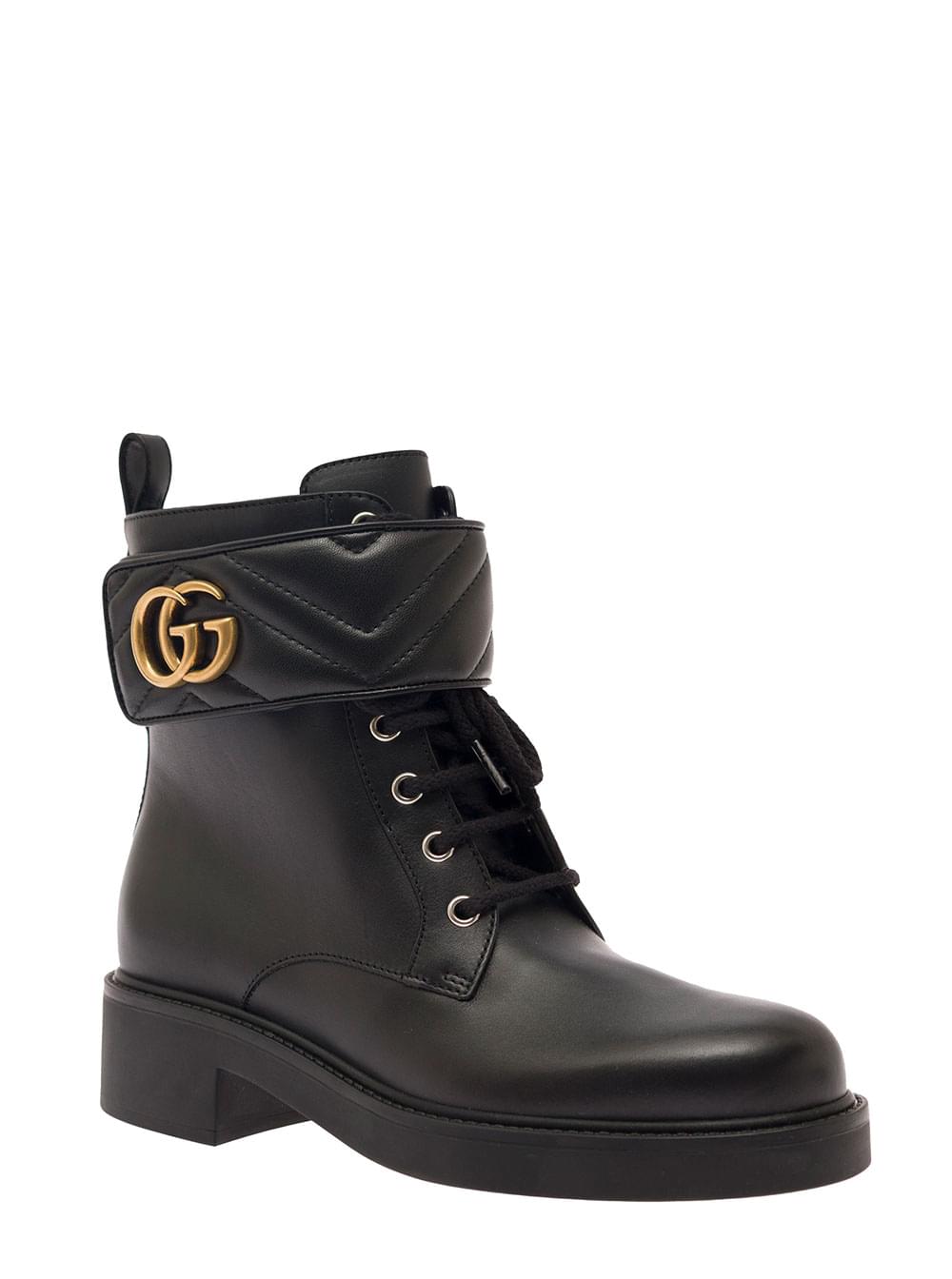 Gucci Women Black Ankle Boot With Double 'G' And Textured Hardware In Leather Woman - Maven Couture IncShoes / Boots & Booties
