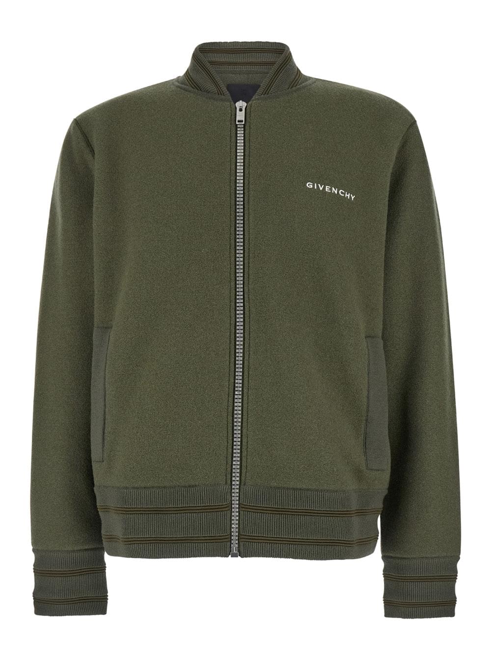 Givenchy Men Green Sweatshirt With Bomber Collar And 4G Logo In Wool Man - Maven Couture IncOuterwear / Coats