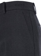 Gucci Women Grey Pants With Logo Lettering Detail On The Waist In Wool Woman - Maven Couture IncBottoms / Pants
