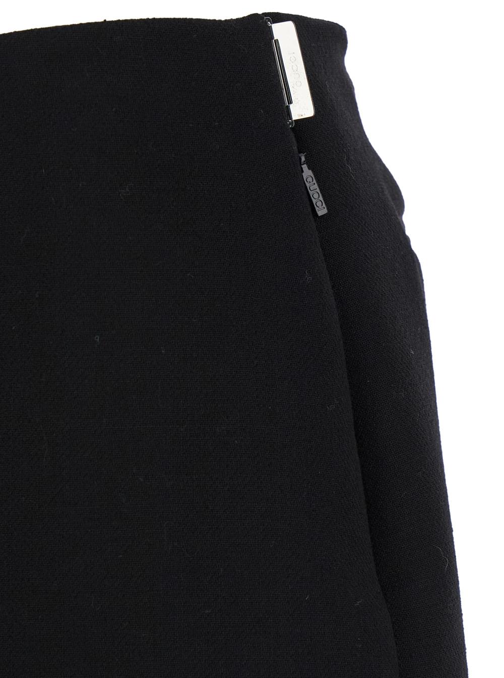 Gucci Women Black High Waist Skirt With Logo Lettering On Waist And Zip Puller In Wool Woman - Maven Couture IncBottoms / Skirts