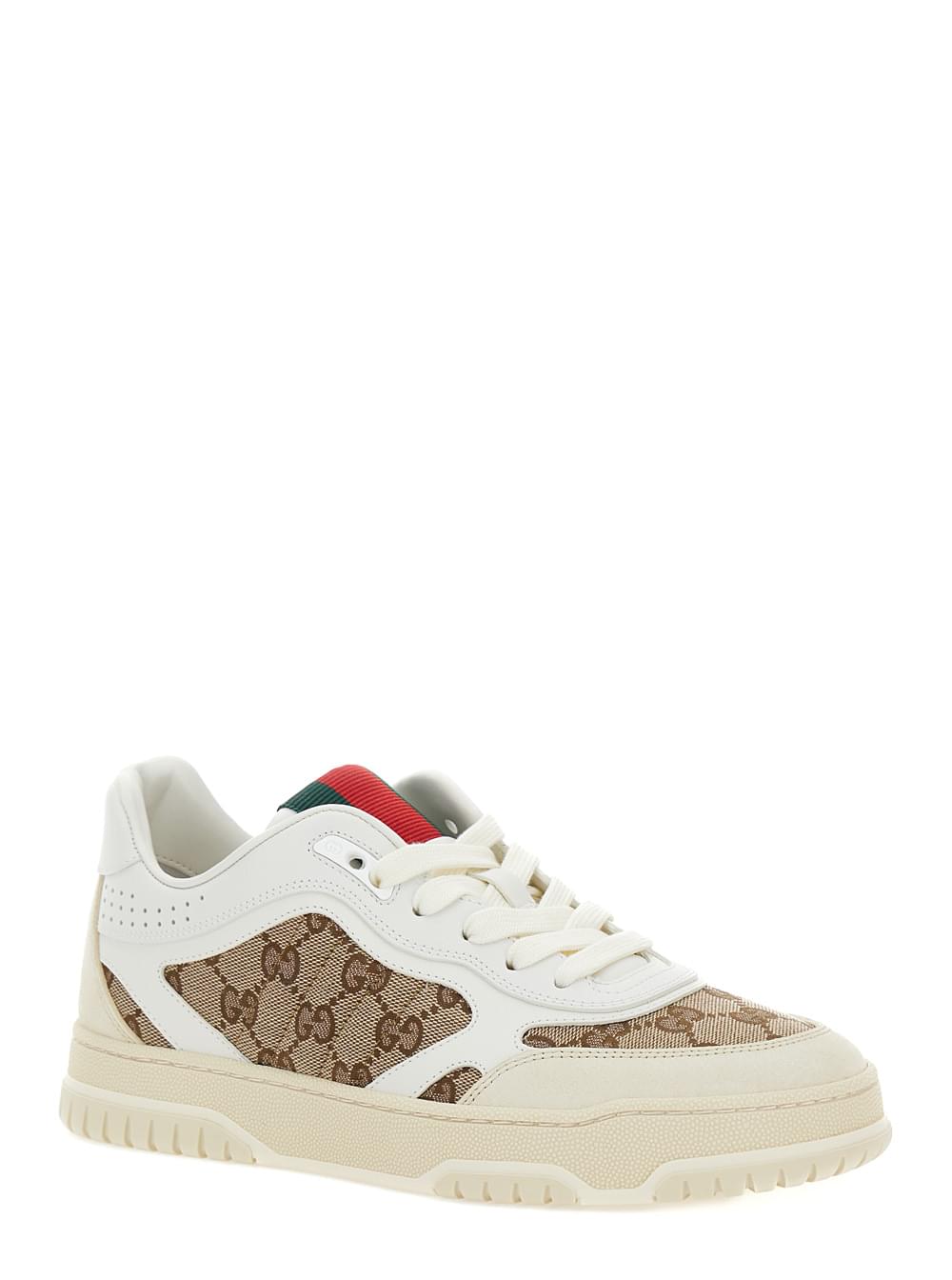 Gucci Women White And Beige Low Top Sneakers With Web Detail In Leather And Gg Supreme Canvas Woman - Maven Couture IncShoes / Athletic