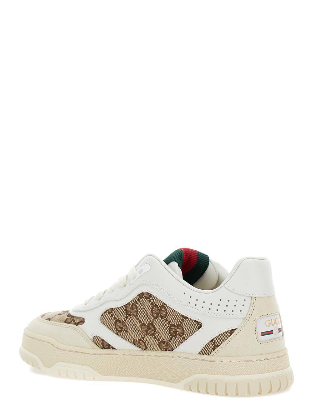 Gucci Women White And Beige Low Top Sneakers With Web Detail In Leather And Gg Supreme Canvas Woman - Maven Couture IncShoes / Athletic