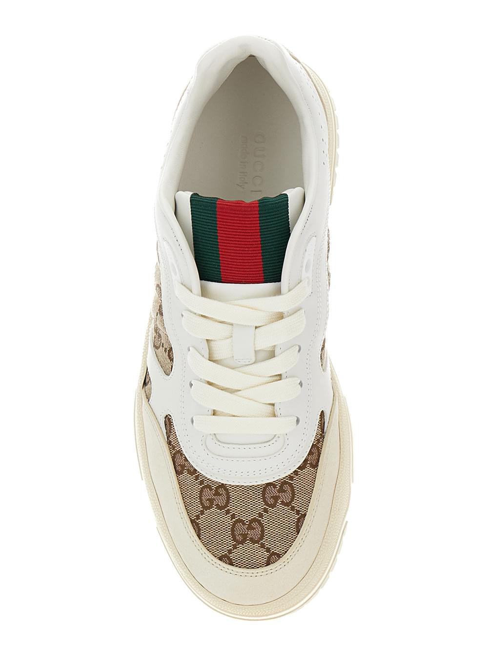 Gucci Women White And Beige Low Top Sneakers With Web Detail In Leather And Gg Supreme Canvas Woman - Maven Couture IncShoes / Athletic
