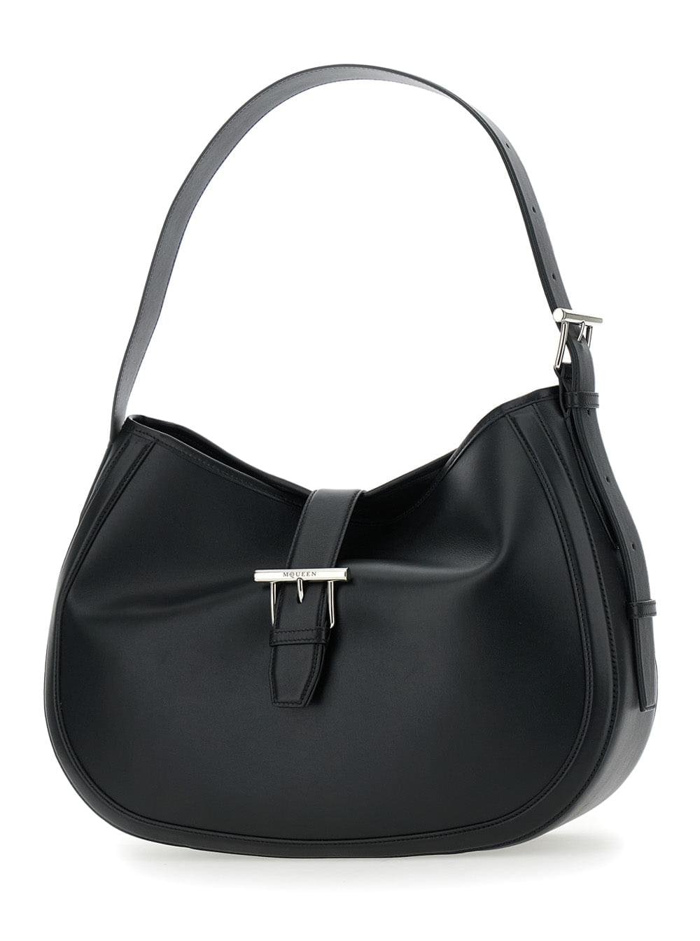 Alexander Mcqueen Women Black Shoulder Bag With Adjustable Shoulder Strap And T Buckle Closure On The Front In Leather Woman - Maven Couture IncHandbags / Cross Body Bags
