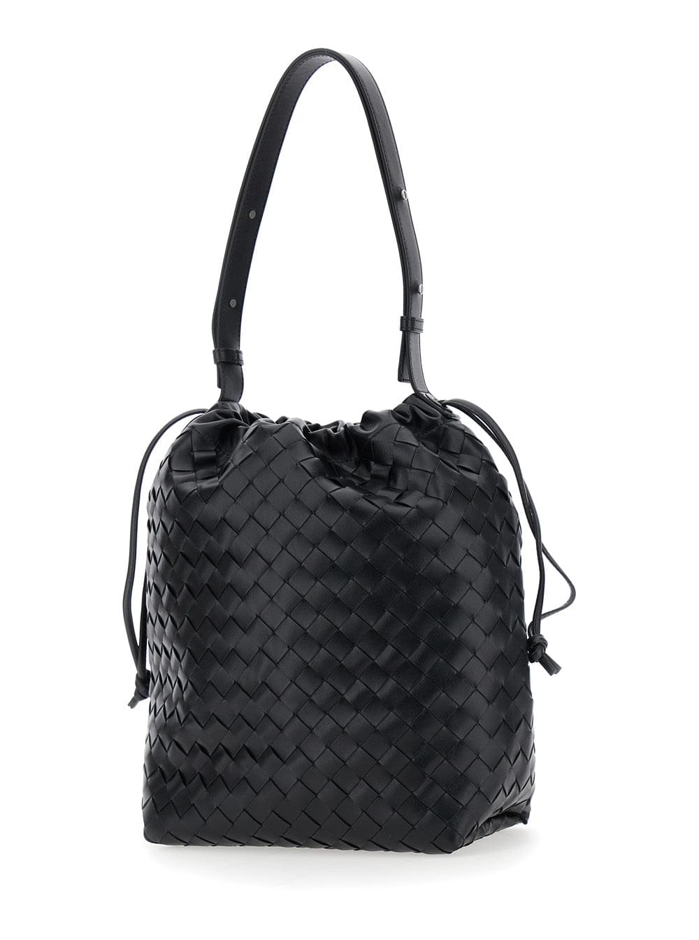 Bottega Veneta Men Black Shoulder Bag With Drawstring Closure And Intrecciato Motif In Leather Man - Maven Couture IncHandbags / Cross Body Bags