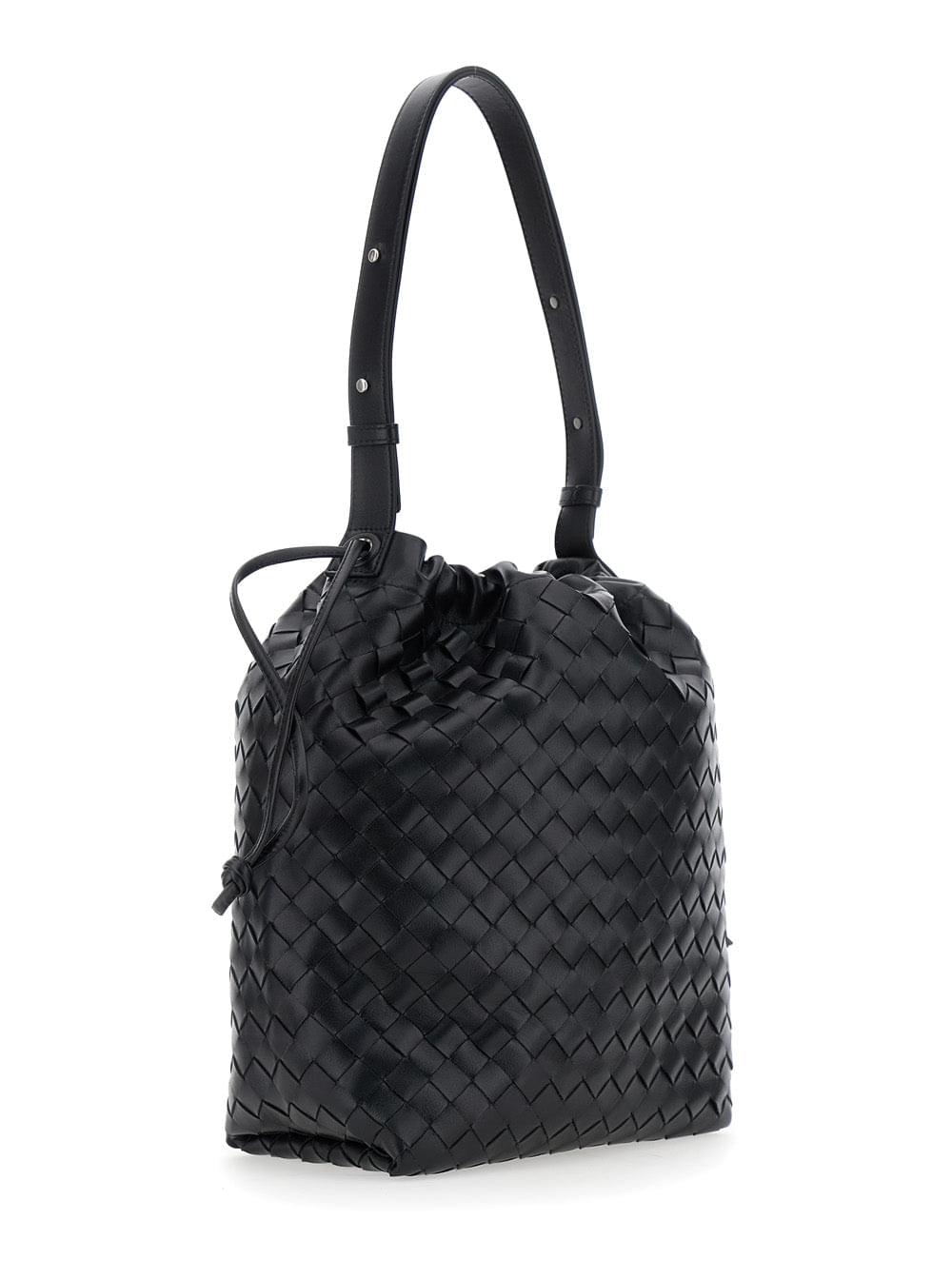Bottega Veneta Men Black Shoulder Bag With Drawstring Closure And Intrecciato Motif In Leather Man - Maven Couture IncHandbags / Cross Body Bags