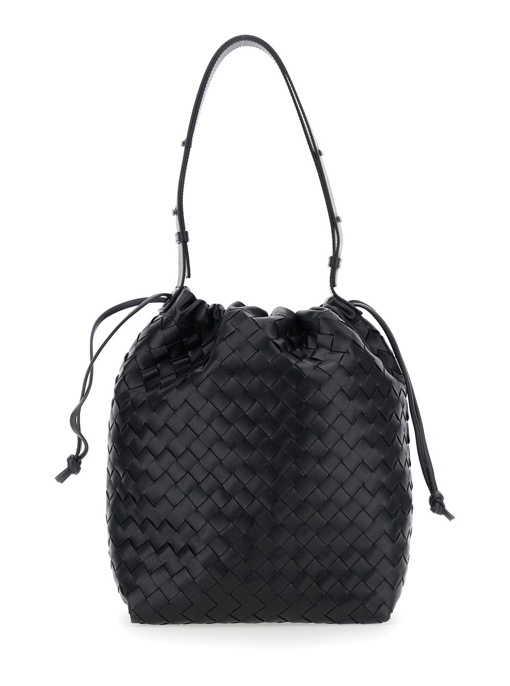 Bottega Veneta Men Black Shoulder Bag With Drawstring Closure And Intrecciato Motif In Leather Man - Maven Couture IncHandbags / Cross Body Bags