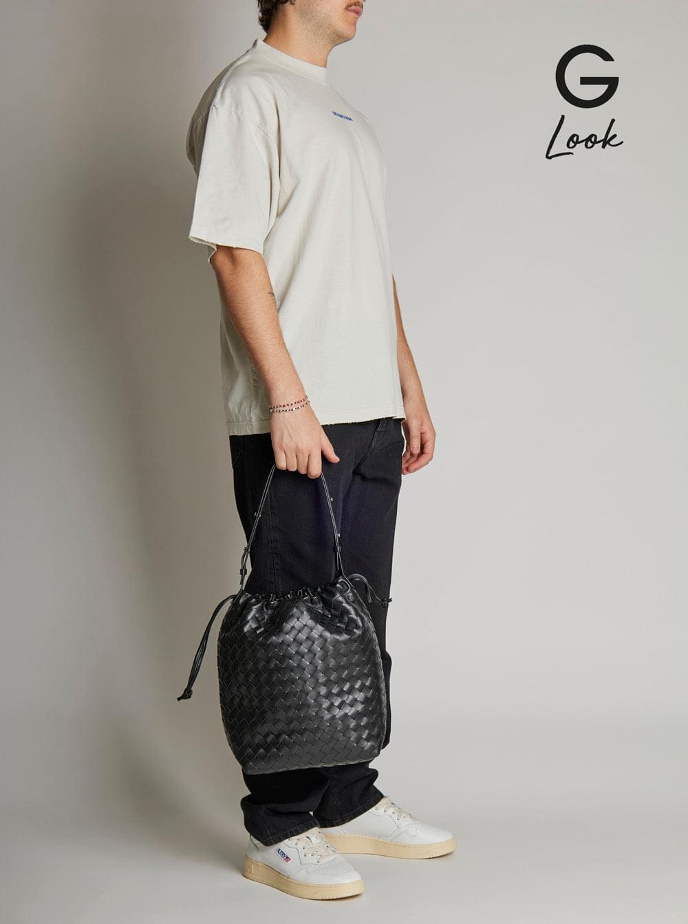 Bottega Veneta Men Black Shoulder Bag With Drawstring Closure And Intrecciato Motif In Leather Man - Maven Couture IncHandbags / Cross Body Bags