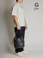 Bottega Veneta Men Black Shoulder Bag With Drawstring Closure And Intrecciato Motif In Leather Man - Maven Couture IncHandbags / Cross Body Bags