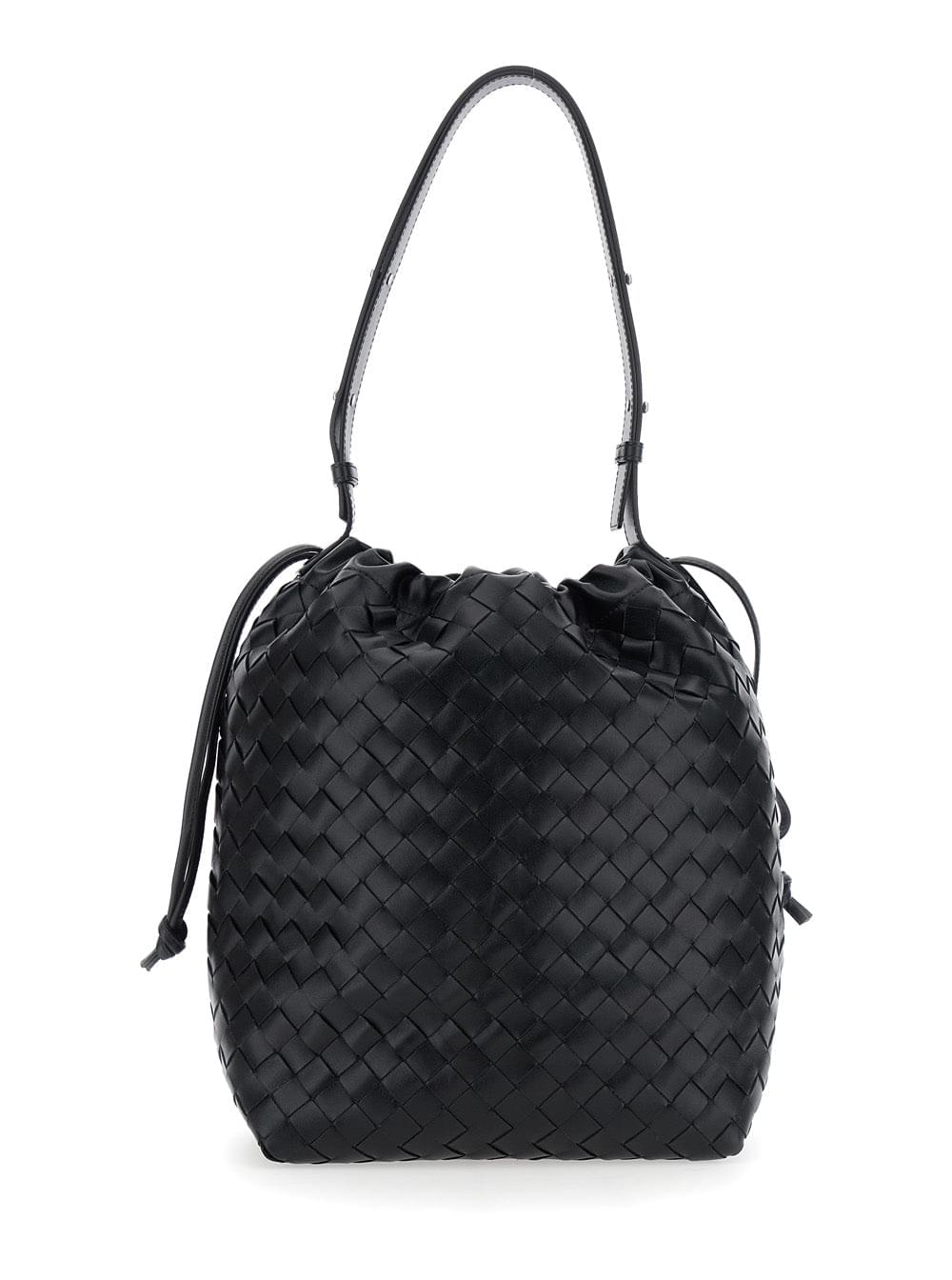 Bottega Veneta Men Black Shoulder Bag With Drawstring Closure And Intrecciato Motif In Leather Man - Maven Couture IncHandbags / Cross Body Bags
