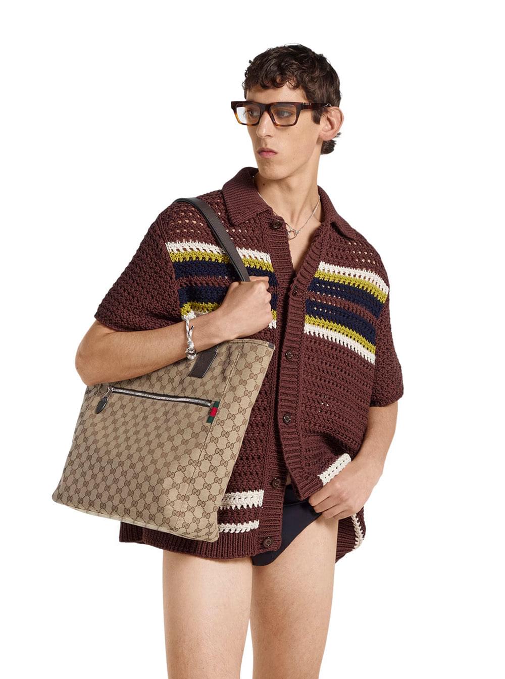 Gucci Men Beige Tote Bag With Two Top Leather Handles And Front Zip Pocket In Gg Canvas Man - Maven Couture IncHandbags / Totes