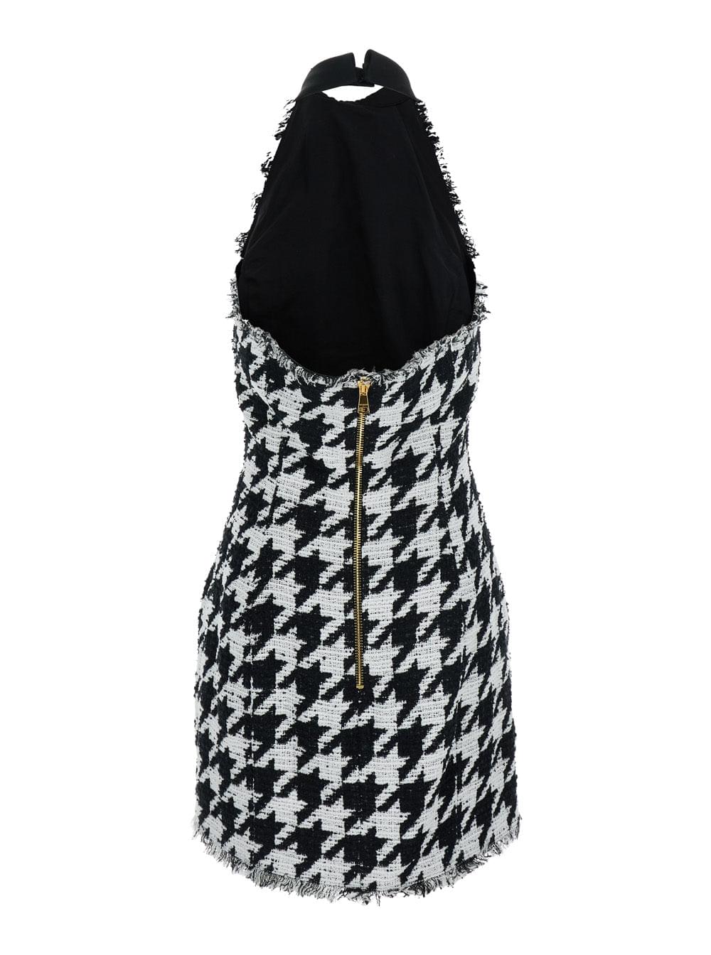 Balmain Women Black And White Halterneck Mini Dress With Houndstooth Motif In Tweed And Satin Woman - Maven Couture IncDresses / Cocktail Dresses