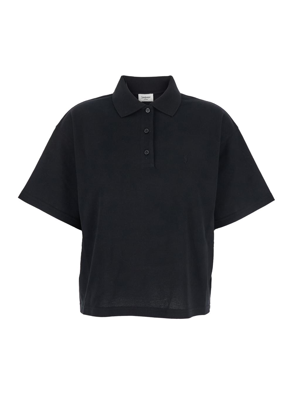 Saint Laurent Women Black Oversize Polo Shirt With Classic Collar And Tonal Logo Embroidery On The Front In Cotton Piquet Woman - Maven Couture IncTops / Tee Shirts