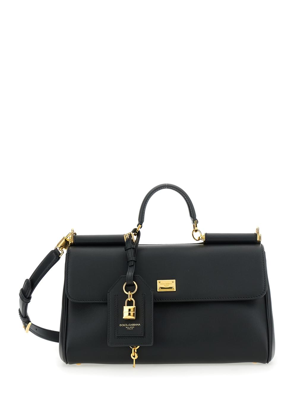 Dolce & Gabbana Women 'My Sicily' Black Medium Handbag With Lock Detail And Adjustable Removable Leather Shoulder Strap For Women - Maven Couture IncHandbags / Shoulder Bags
