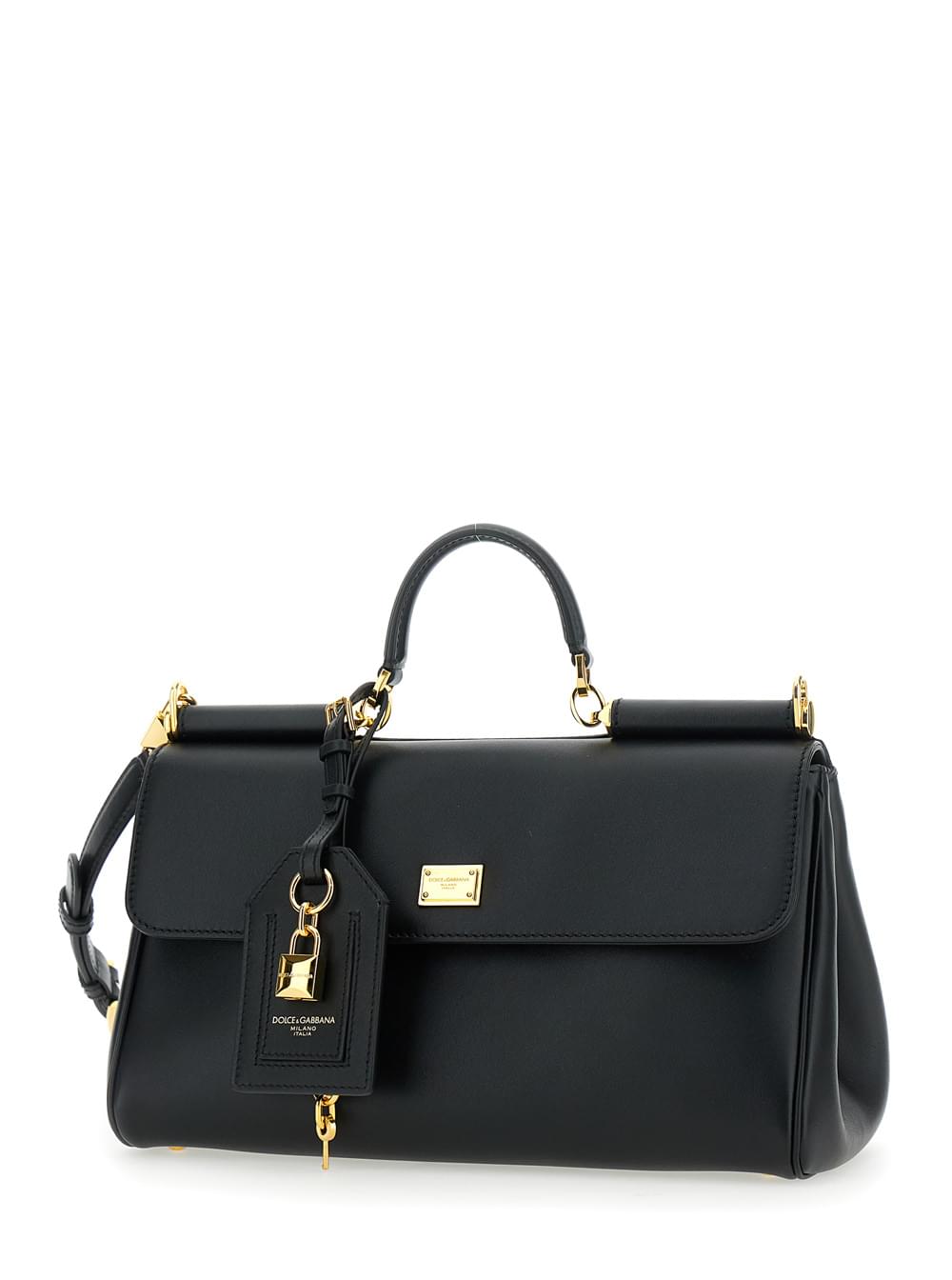 Dolce & Gabbana Women 'My Sicily' Black Medium Handbag With Lock Detail And Adjustable Removable Leather Shoulder Strap For Women - Maven Couture IncHandbags / Shoulder Bags
