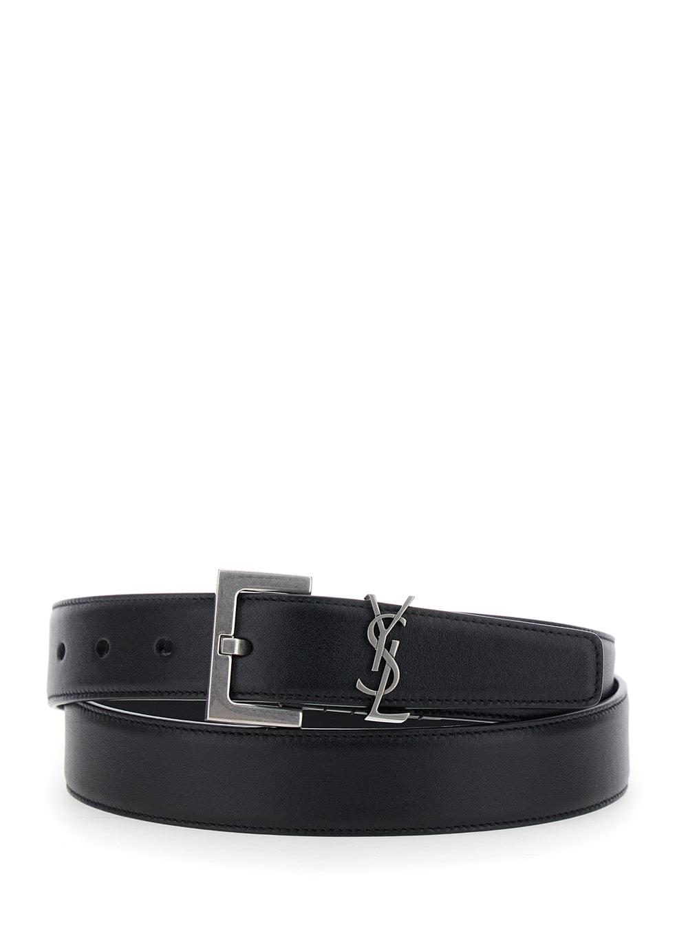 Saint Laurent Women Belt With Cassandre Plate On The Front And Square Buckle In Black Leather For Women - Maven Couture IncAccessories / Belts